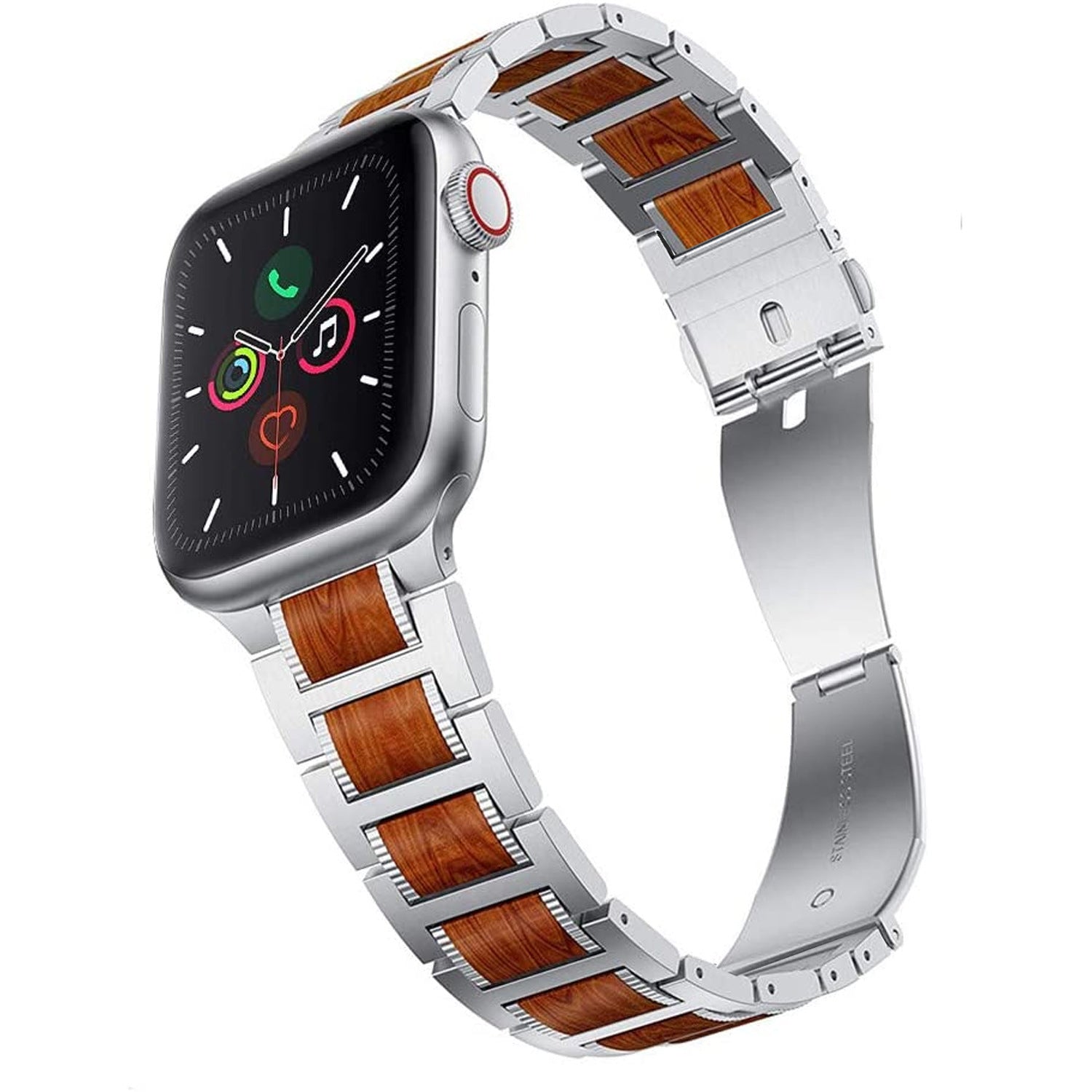 Smart Watch Compatible for Apple Watch Ultra 2 Band Series 10 Natural Wood Red Sandalwood Stainless Steel Metal Strap for iWatch Bands Compatible for Apple Watch