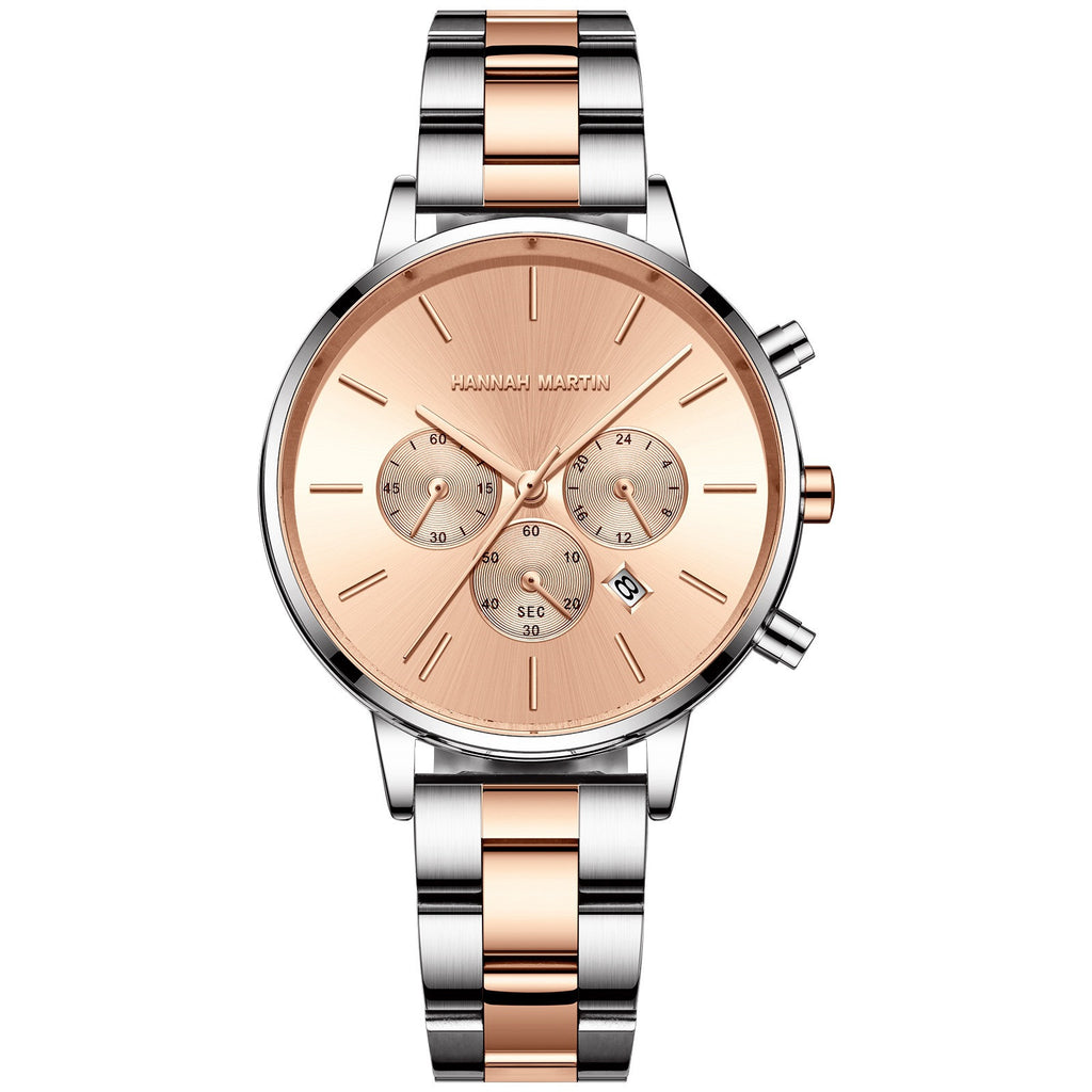 Hannah Martin Women Quartz Watch Three Eye Six Needle Chronograph Calendar Quartz Watch Waterproof Women Quartz Watch