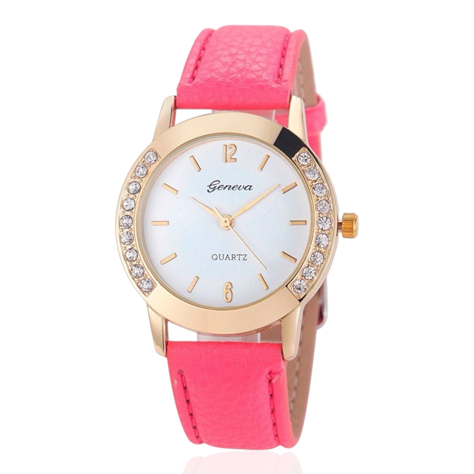 Geneva Fashion Women Watches Leather Band Quartz Watches Stainless Steel Case Rhinestone Crafted Ladies Quartz Watches