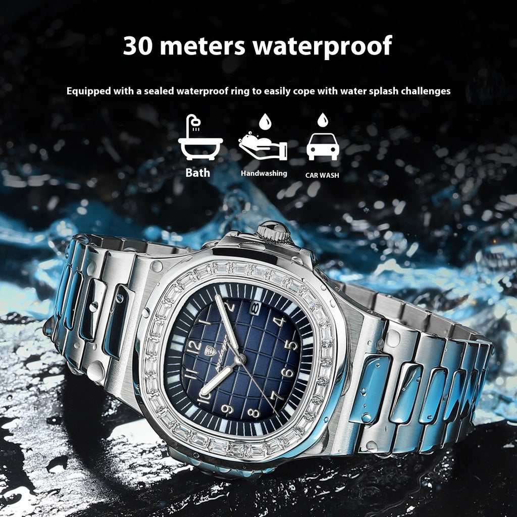 POEDAGAR Fashion Square Watch Men with Date Stainless Steel Quartz Wrist Watch High Quality Waterproof Luminous Men's Watch