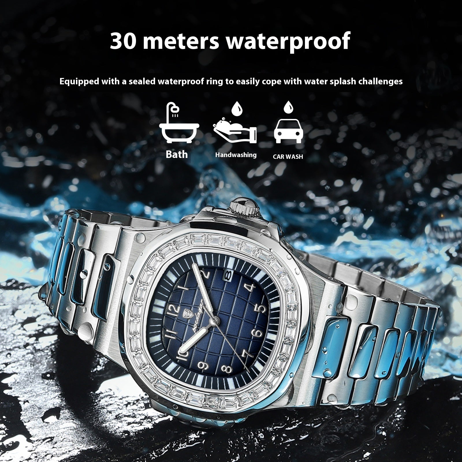 POEDAGAR Fashion Square Watch Men with Date Stainless Steel Quartz Wrist Watch High Quality Waterproof Luminous Men's Watch