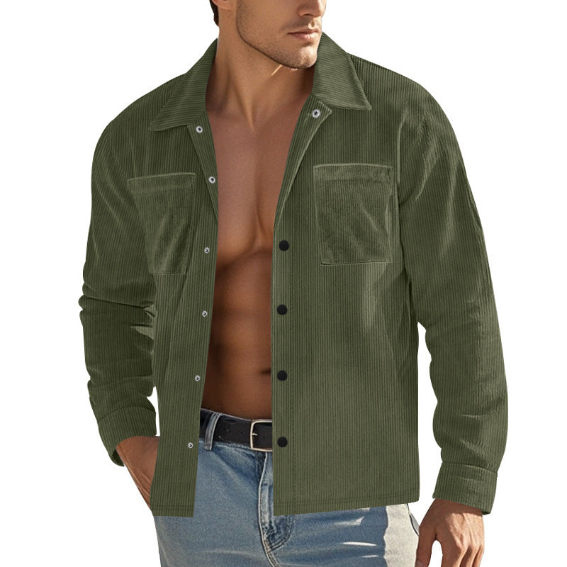Men's Fashionable Shirt Long Sleeve Casual Multi Pocket Solid Color Corduroy Button up Slim Fit Men's Cardigan Shirt