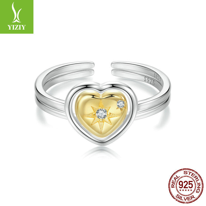Original Couple's 18K Gold Plated Love Splicing Open Ring Starry Heart s925 Pure Silver Ring