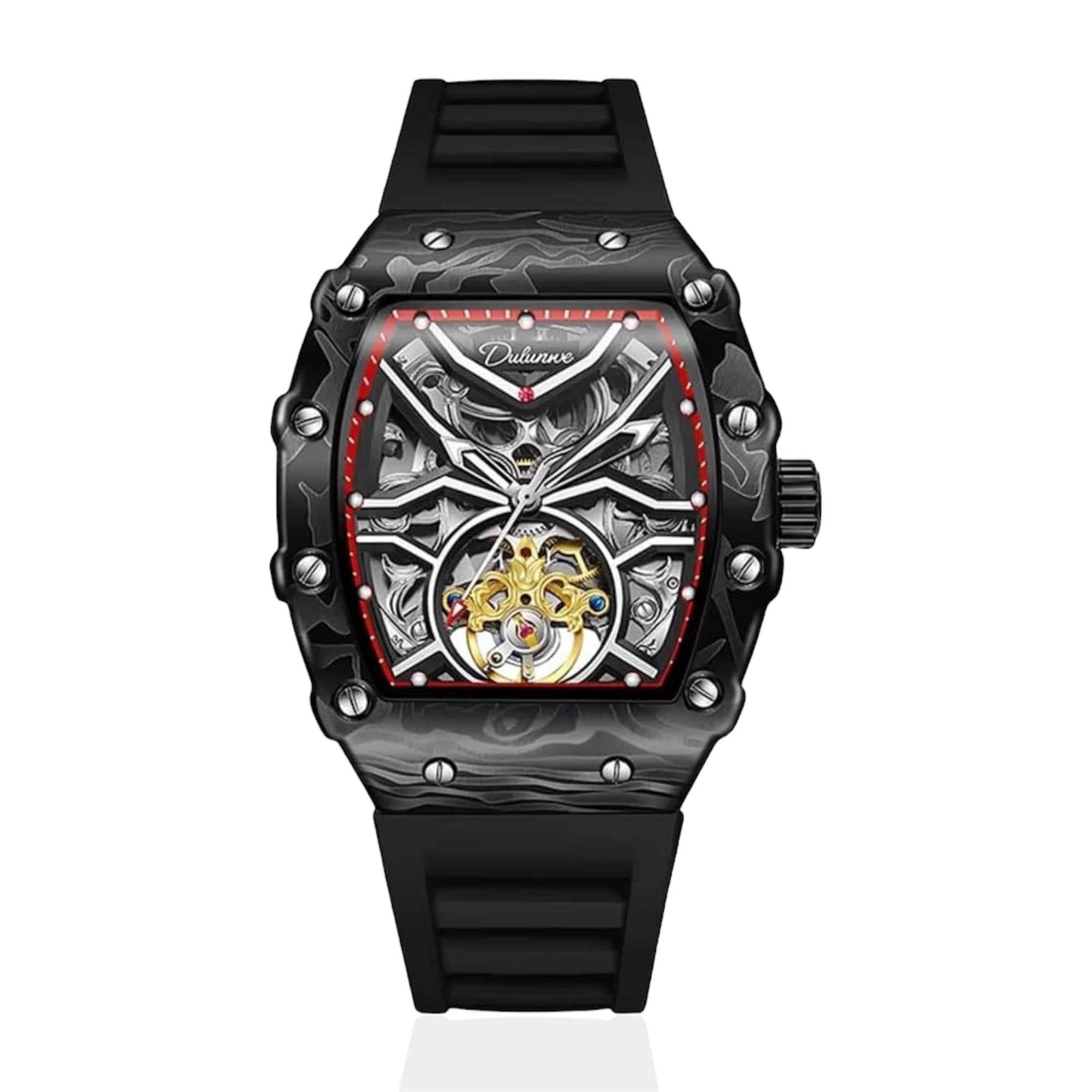 Dulunwe Fashion Skeleton Flywheel Sports Watches For Men Automatic Mechanical Watch Luxury Luminous WristWatch