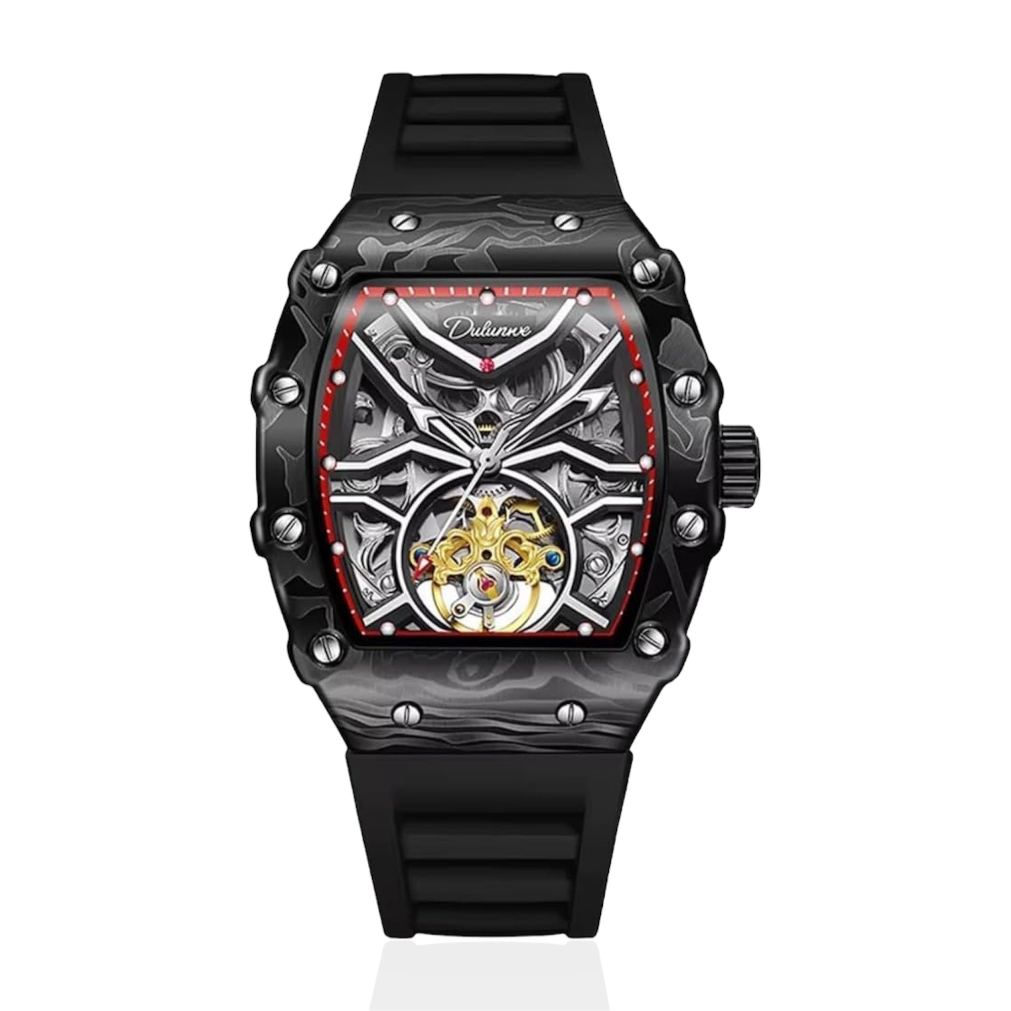 Orologi sportivi Dulunwe Fashion Skeleton Flywheel per uomo, orologio meccanico automatico di lusso, orologio da polso luminoso