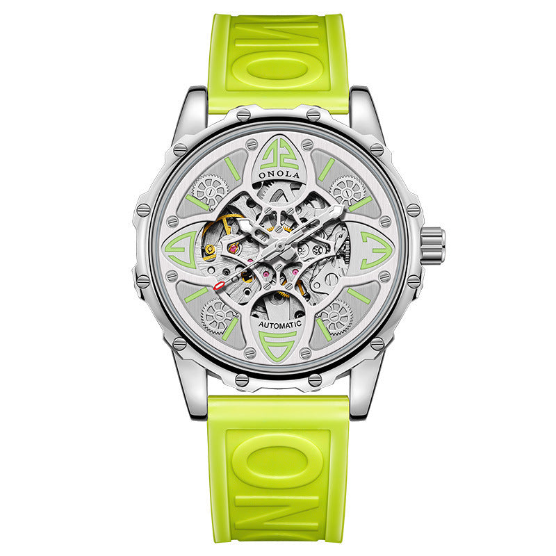 ONOLA Men Automatic Mechanical Watch Lucky Grass Luxury Hollow Out Dial Waterproof Silicone Band Mechanical Watch