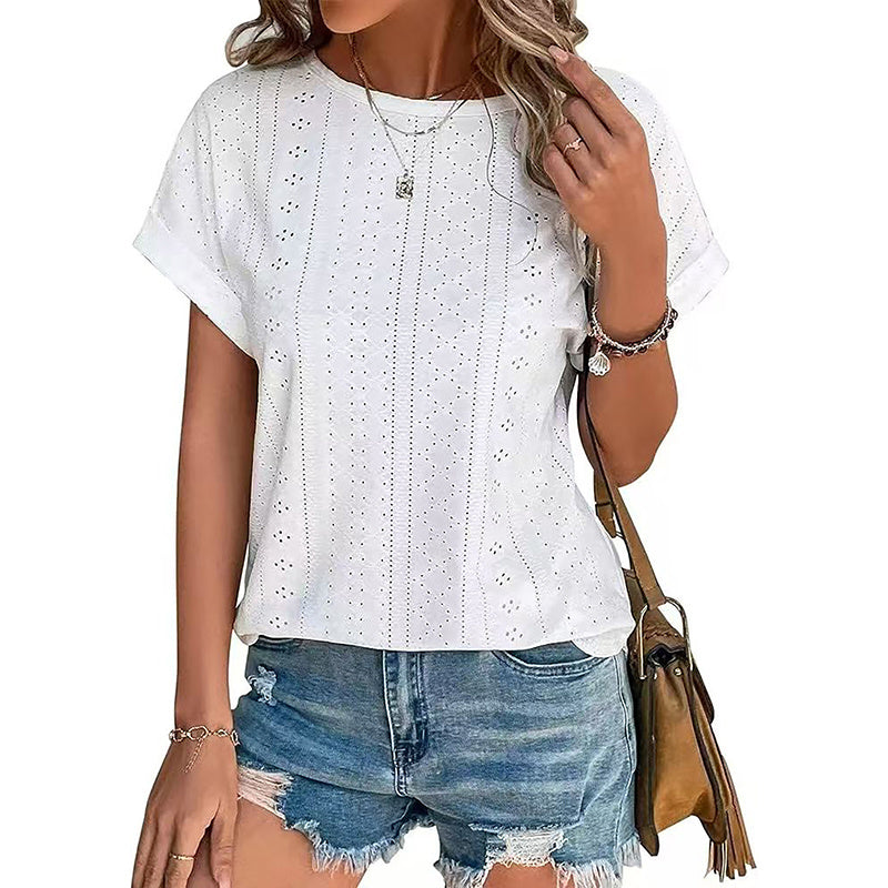 Damestops met borduurwerk, casual ronde hals en korte mouwen, trendy T-shirts