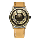 FOXBOX-Men's Magnetic Quartz Wristwatch Creative Scroll Pointer Genuine Leather Watch