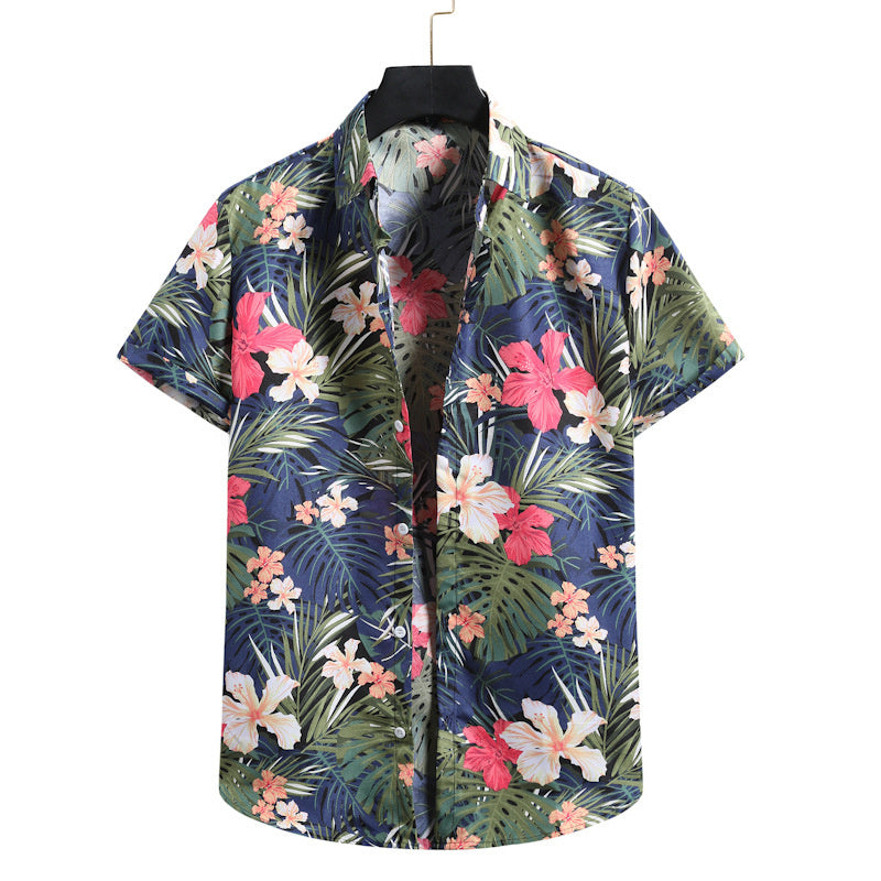 Modieus casual overhemd voor heren, effen kleur, vintage 3D-geprint patroon, korte mouwen, Hawaiiaans casual overhemd voor heren