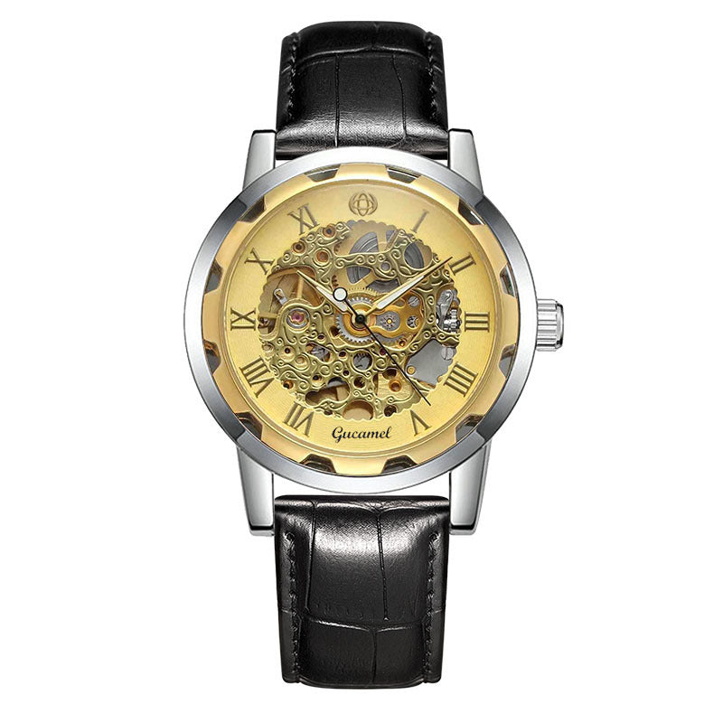 Men Mechanical Watch Top Brand Luxury Leather Gucamel Design Hand Winder Wrist Skeleton Watches - Acquisti Online