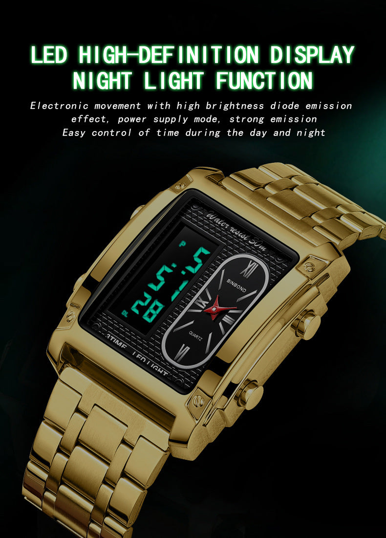 Binbond Men's Steel Belt Electronic Watch Double Inserts Multi-Functional Waterproof Quartz Movement Watch - Acquisti Online