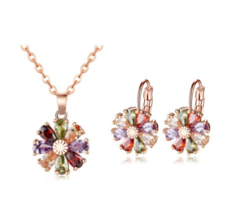 Copper Zircon Floral Diamond Necklace Stud Earrings
