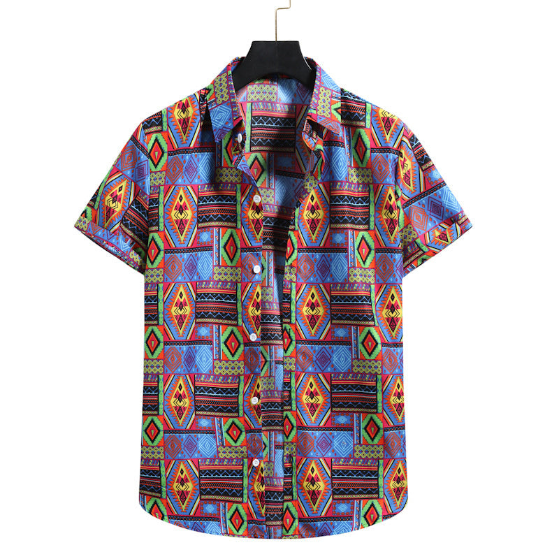 Men's Fashionable Casual Shirt Solid Color Vintage Ethnic Print Short Sleeve Lapel Collar Button Men's Casual Shirt