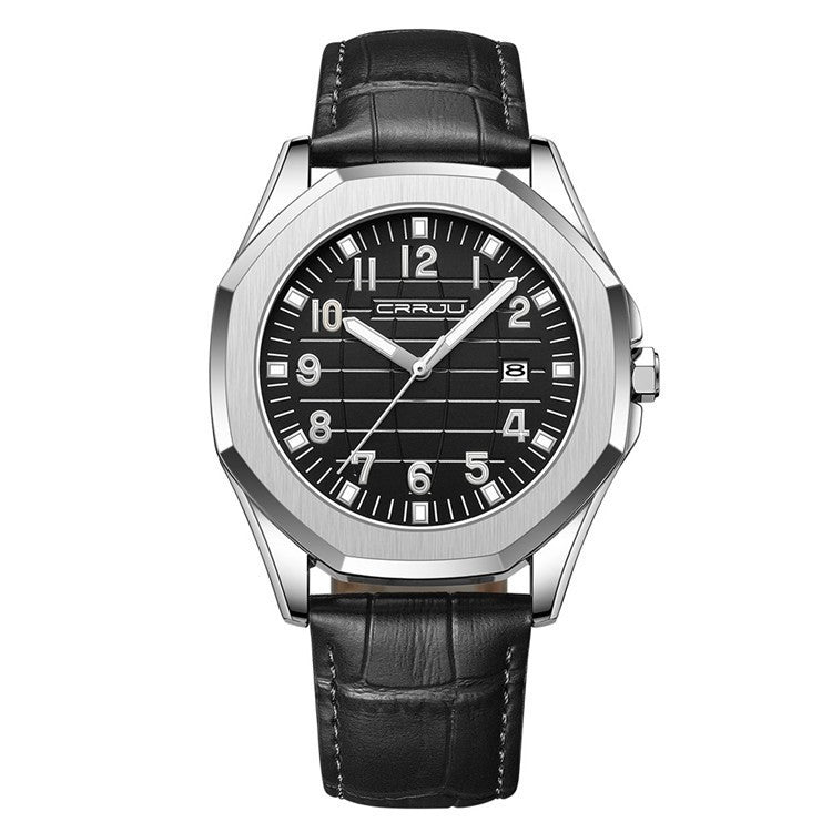 Orologio da uomo CRRJU, orologio al quarzo originale di alta marca, cinturino in pelle, impermeabile, calendario, semplice, alla moda.