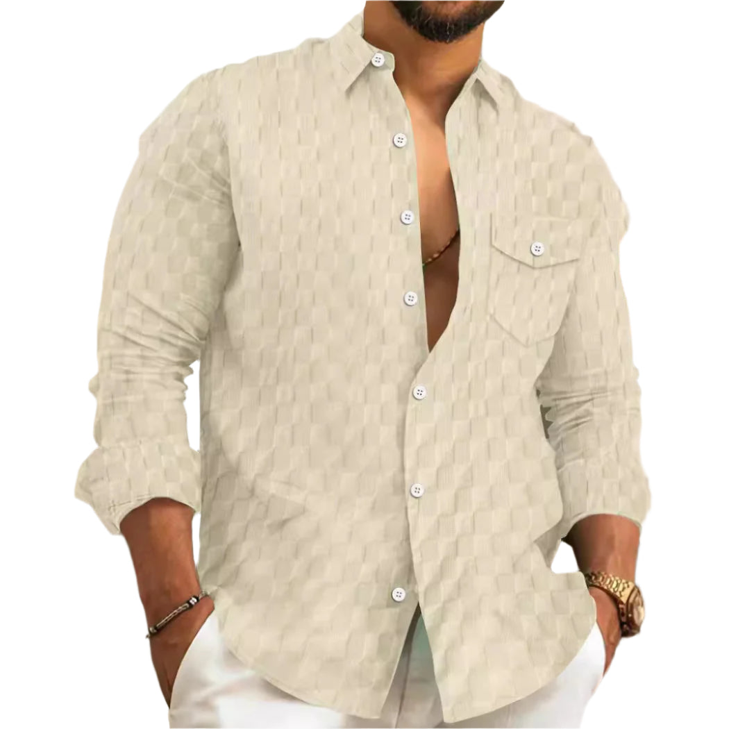 Heren geruit jacquard borstzak revers lange mouwen revers overhemd