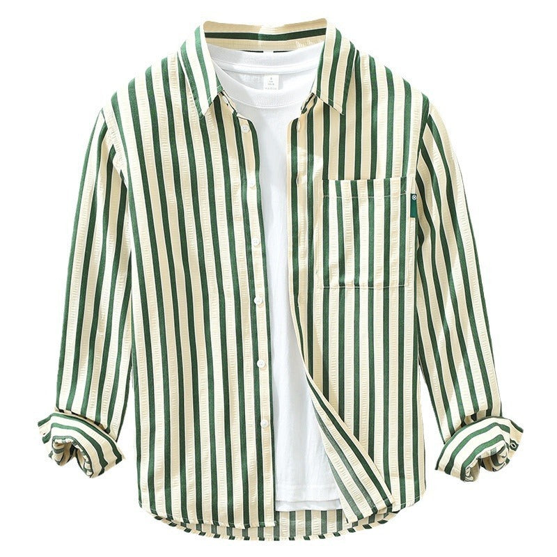 Camicia casual alla moda da uomo in fibra di poliestere tinta unita a righe verticali, a maniche lunghe, ampia, da uomo