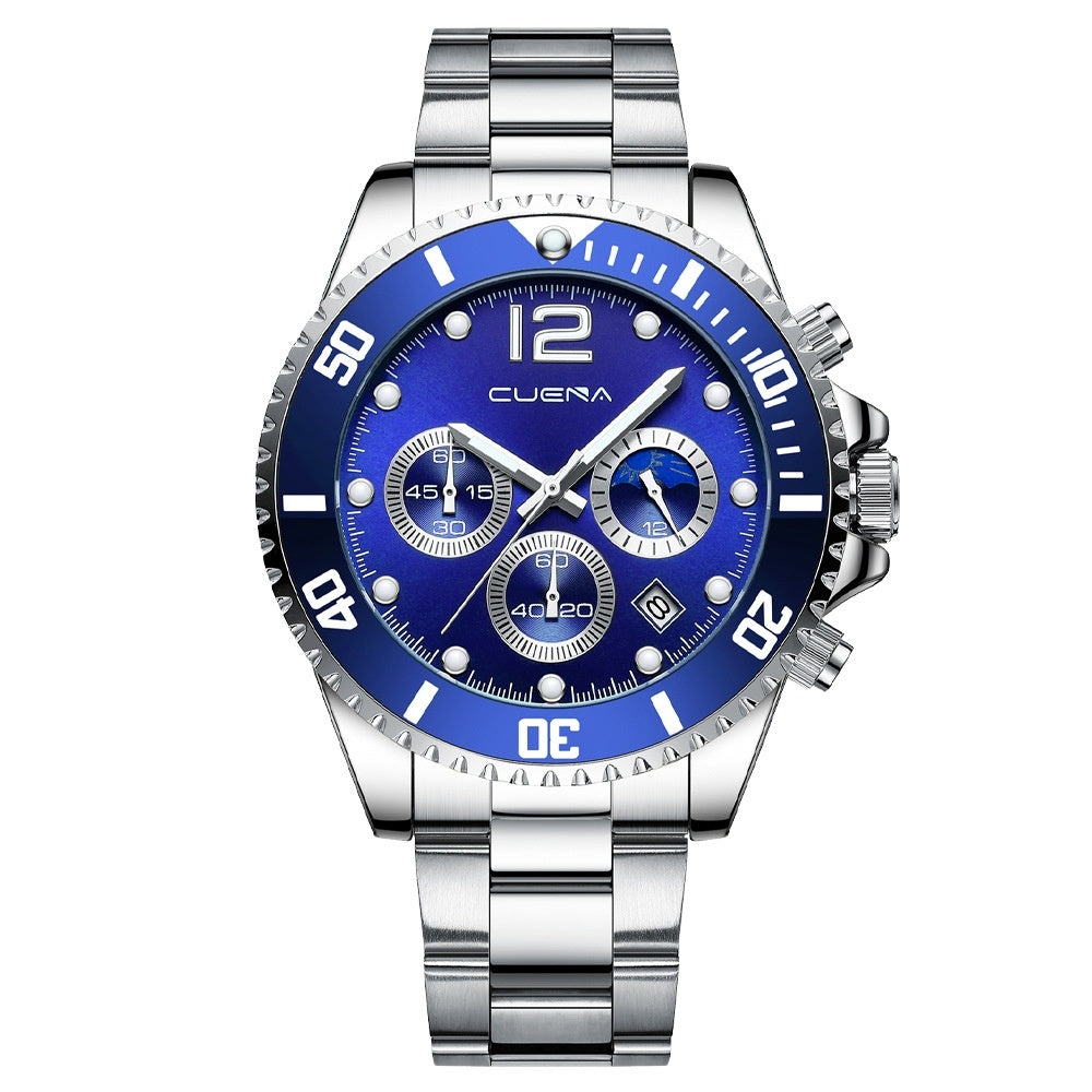 Orologio da uomo casual elegante con movimento automatico al quarzo, cinturino in acciaio, sei lancette e impermeabile