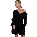 Fashion V Neck Pleated Ruffle Long Sleeve Dress Y2K V Neck Flared Sleeve Short Dress Women's Clothing