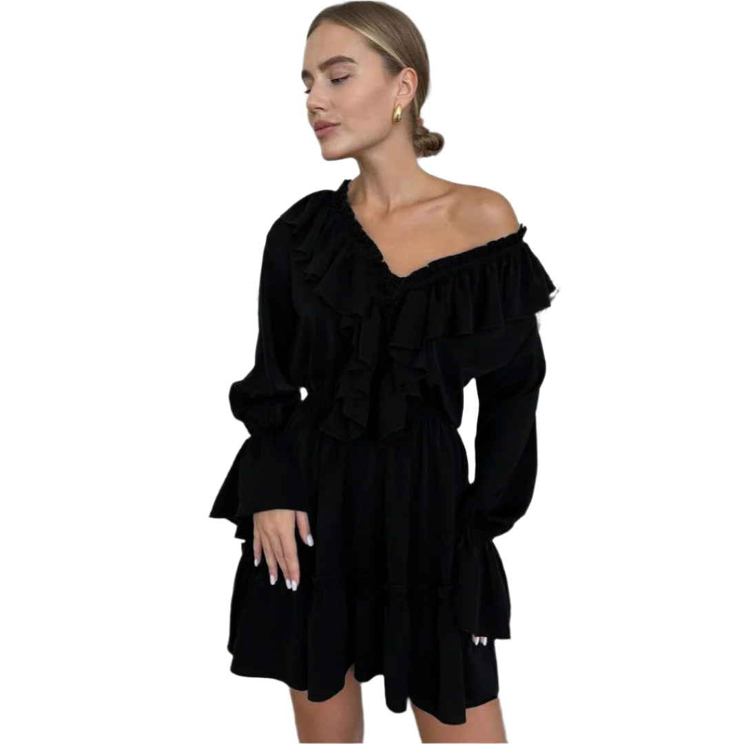 Fashion V Neck Pleated Ruffle Long Sleeve Dress Y2K V Neck Flared Sleeve Short Dress Women's Clothing