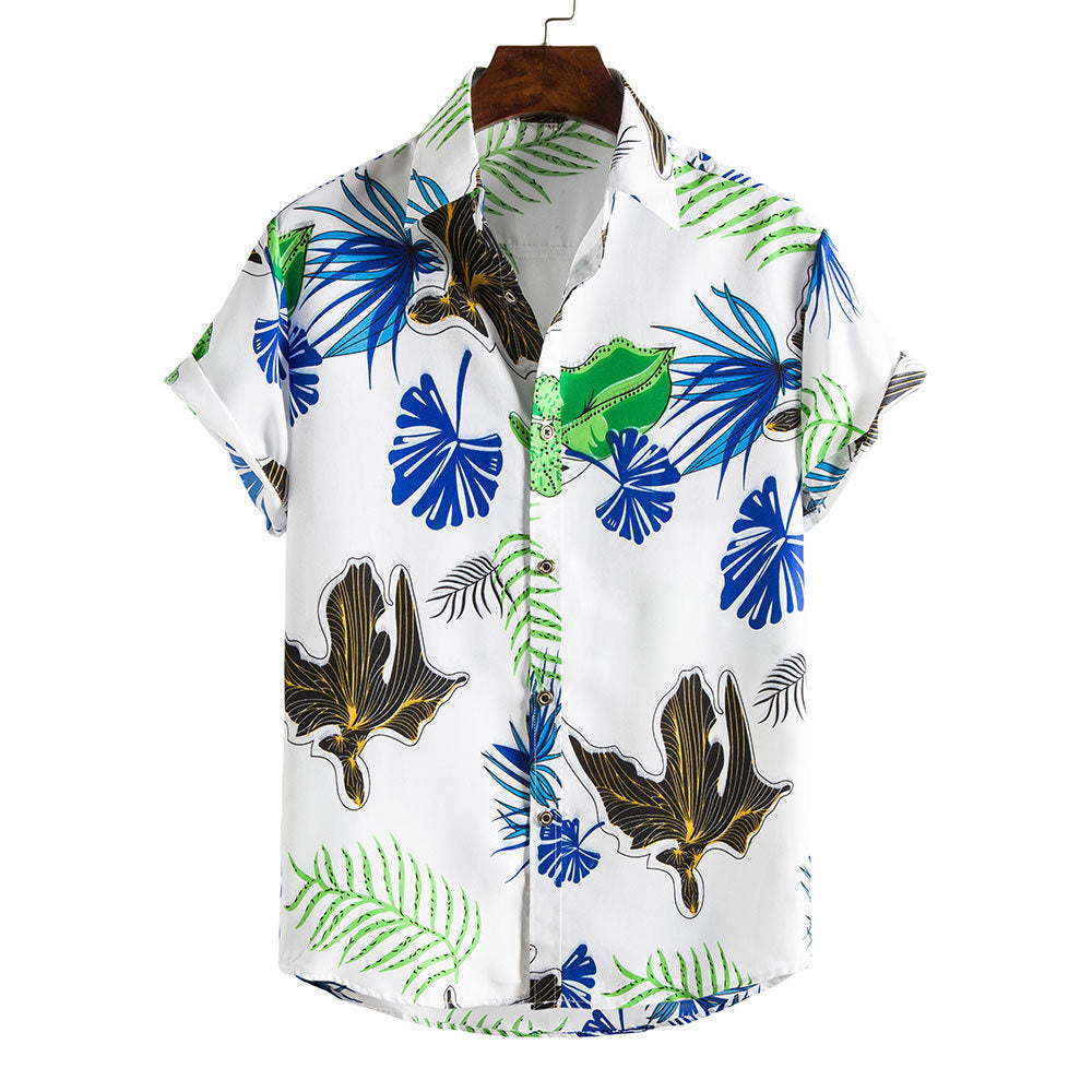 Men's Fashionable Casual Shirt Stripes/Tree Printed Short Sleeve Turn-down Collar Slim Hawaiian Men's Casual Shirt
