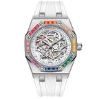 Orologio meccanico automatico da uomo con cinturino in silicone e diamanti arcobaleno