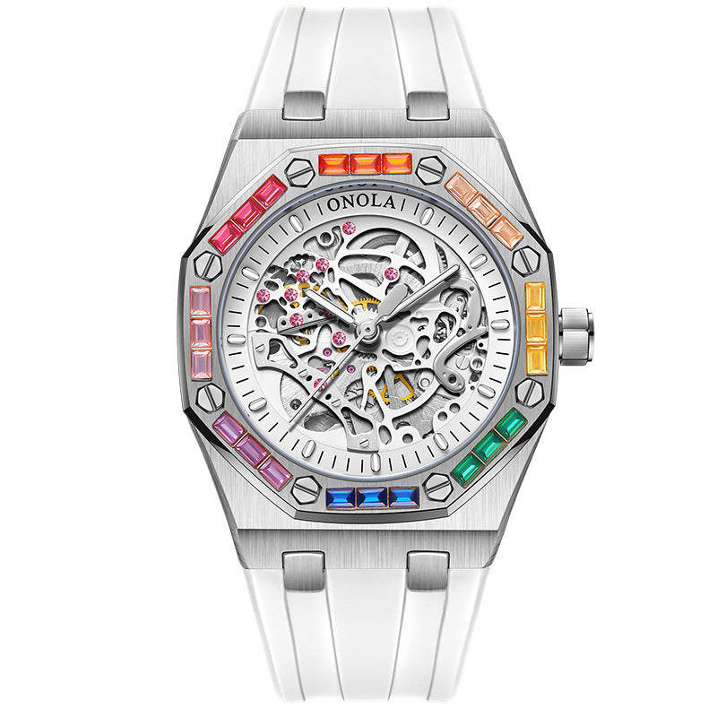 Orologio meccanico automatico da uomo con cinturino in silicone e diamanti arcobaleno