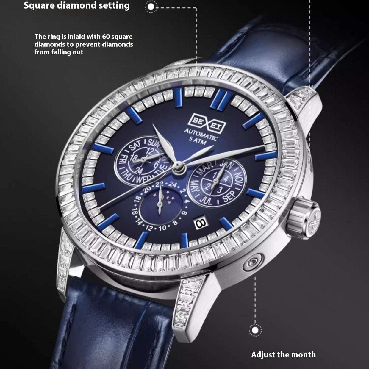 Man Automatic Leather Band Crystal Bezel Zircon Dial Luxury Waterproof Watch - Acquisti Online