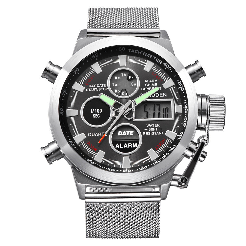 Herenhorloge met leren riem en LED-elektronische sporthorloge