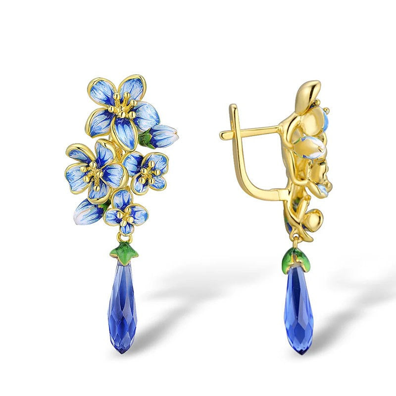 Damesoorbellen, modieuze oorbellen met emaille bloemmotief, koperen oorbellen met zirkonia, druppelvormige oorbellen, elegante modeoorbellen voor dames.