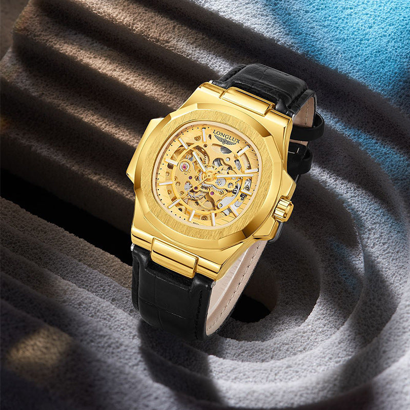 Men's Automatic Mechanical Watch Luxury Skeleton Waterproof Business Stainless Steel Barrel-shaped Leather Belt Men's Waterproof Mechanical Watch