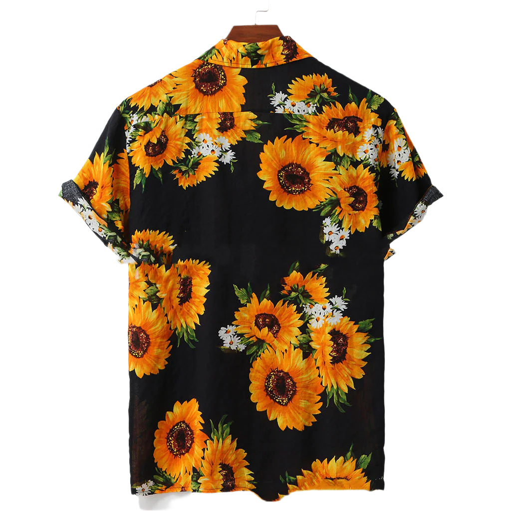 Camicie hawaiane casual da uomo, vestibilità ampia, stampa di girasoli, monopetto, maniche corte, colletto rovesciato