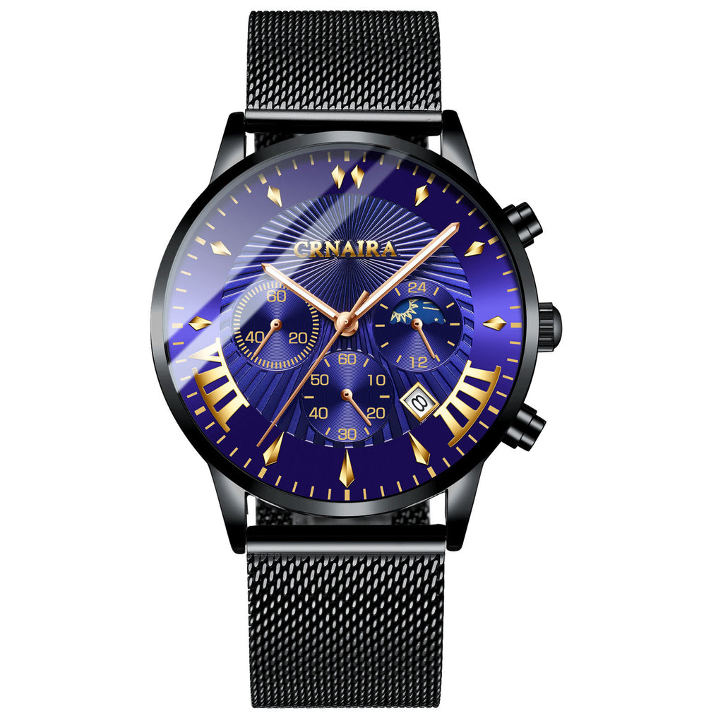 Men's Crnaira Men Watch Stainless Steel Quartz Watches Calendar Luminous Fashion Imitation Three-eye Waterproof Quartz Watch