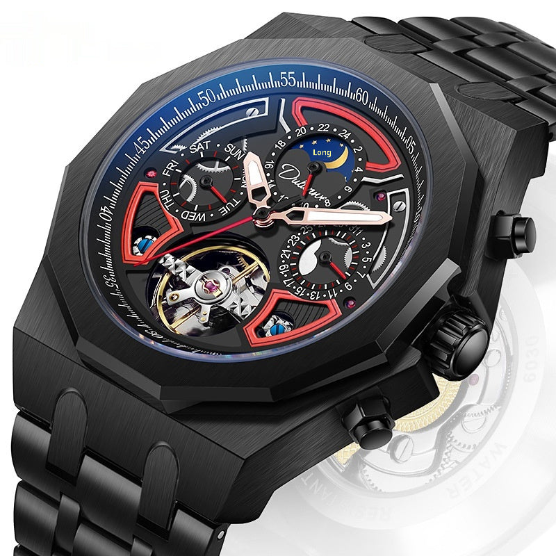 Orologio da polso meccanico automatico con fasi lunari, cinturino in gomma, impermeabile, di lusso, da uomo, con tourbillon.