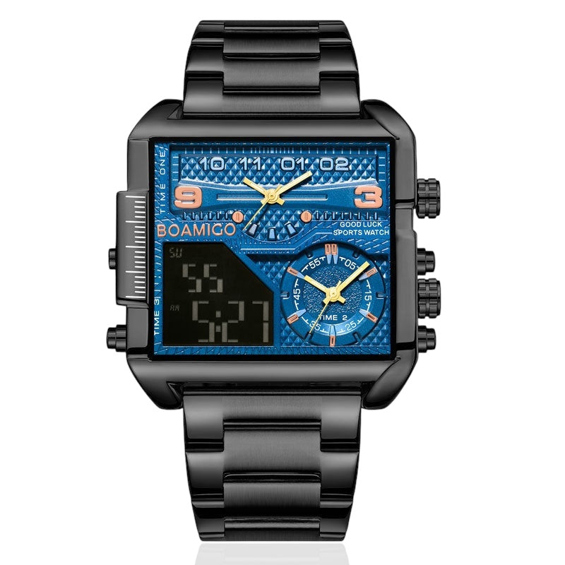BOAMIGO Luxury Fashion Men's Watche Gold Stainless Steel Sport Square Digital Analog Big Quartz Watch