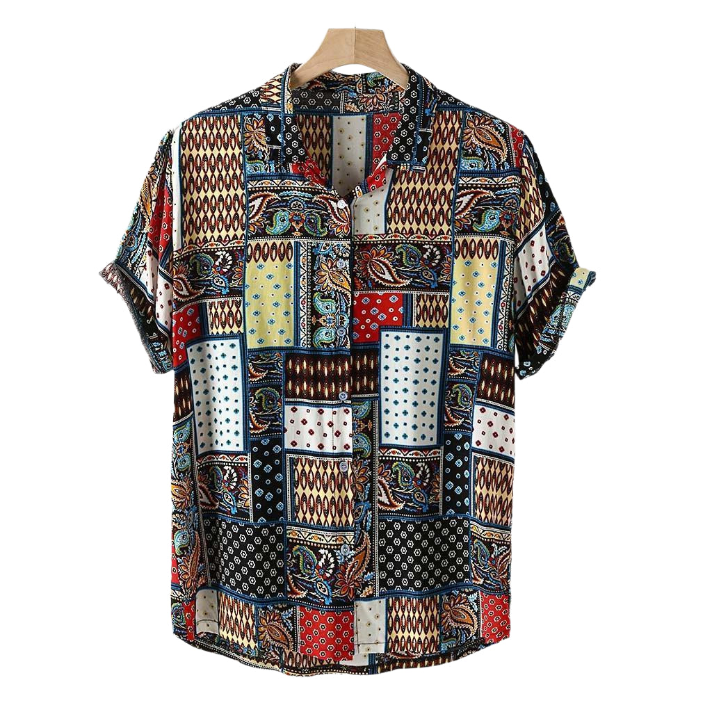 Men's Fashionable Casual Shirt Printed Loose Hawaiian Shirt Stand Collar Cotton Linen Ethnic Printed Men's Shirts