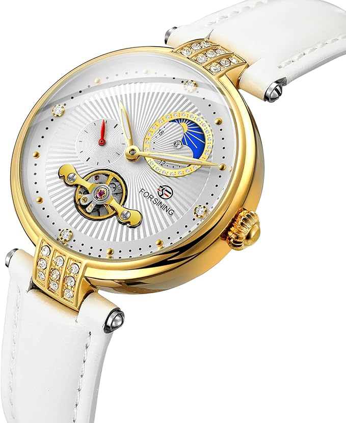 FORSINING Women Mechanical Self Winding Watch Genuine Leather Strap Moon Phase Luminous Hollowed-out Mechanical Watch