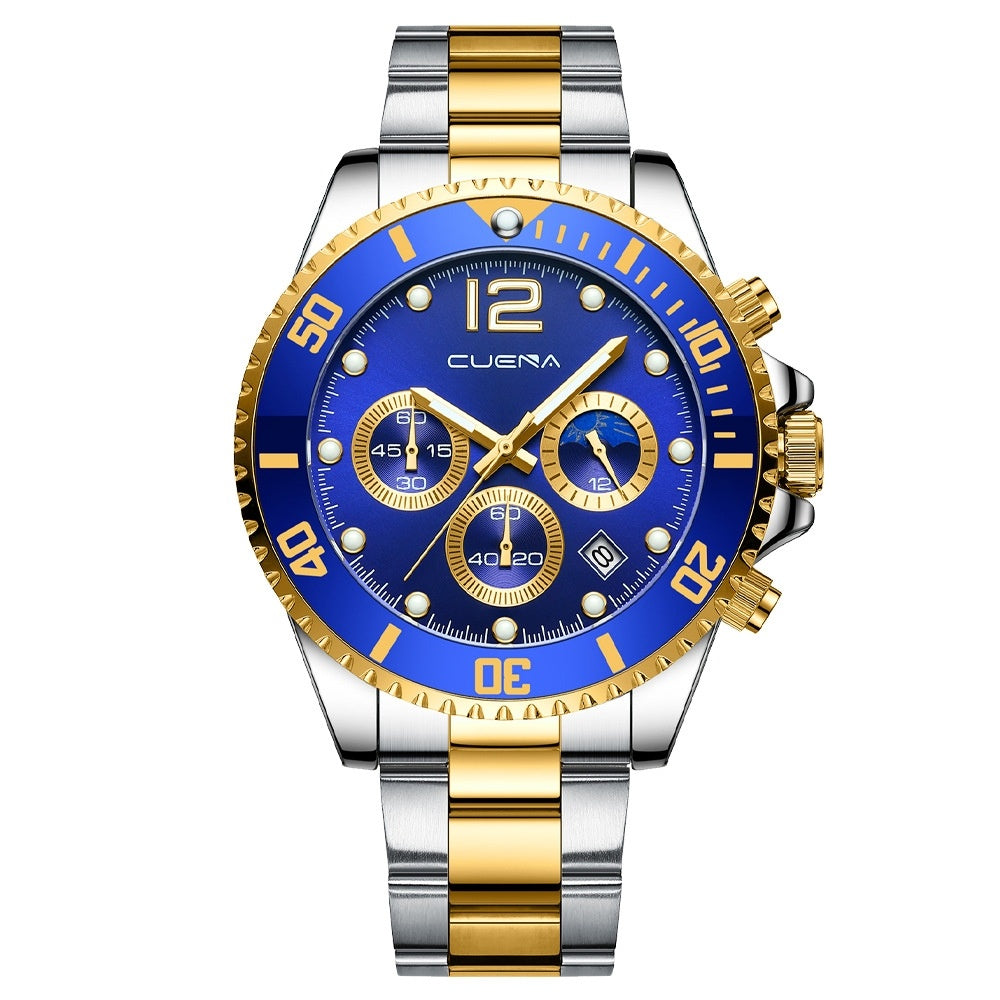 Orologio da uomo casual elegante con movimento automatico al quarzo, cinturino in acciaio, sei lancette e impermeabile