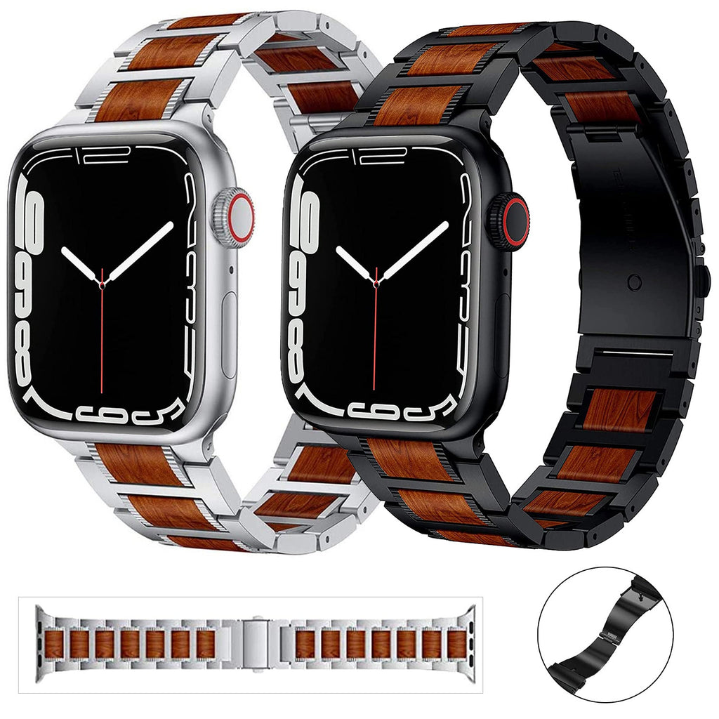 Smart Watch Compatible for Apple Watch Ultra 2 Band Series 10 Natural Wood Red Sandalwood Stainless Steel Metal Strap for iWatch Bands Compatible for Apple Watch
