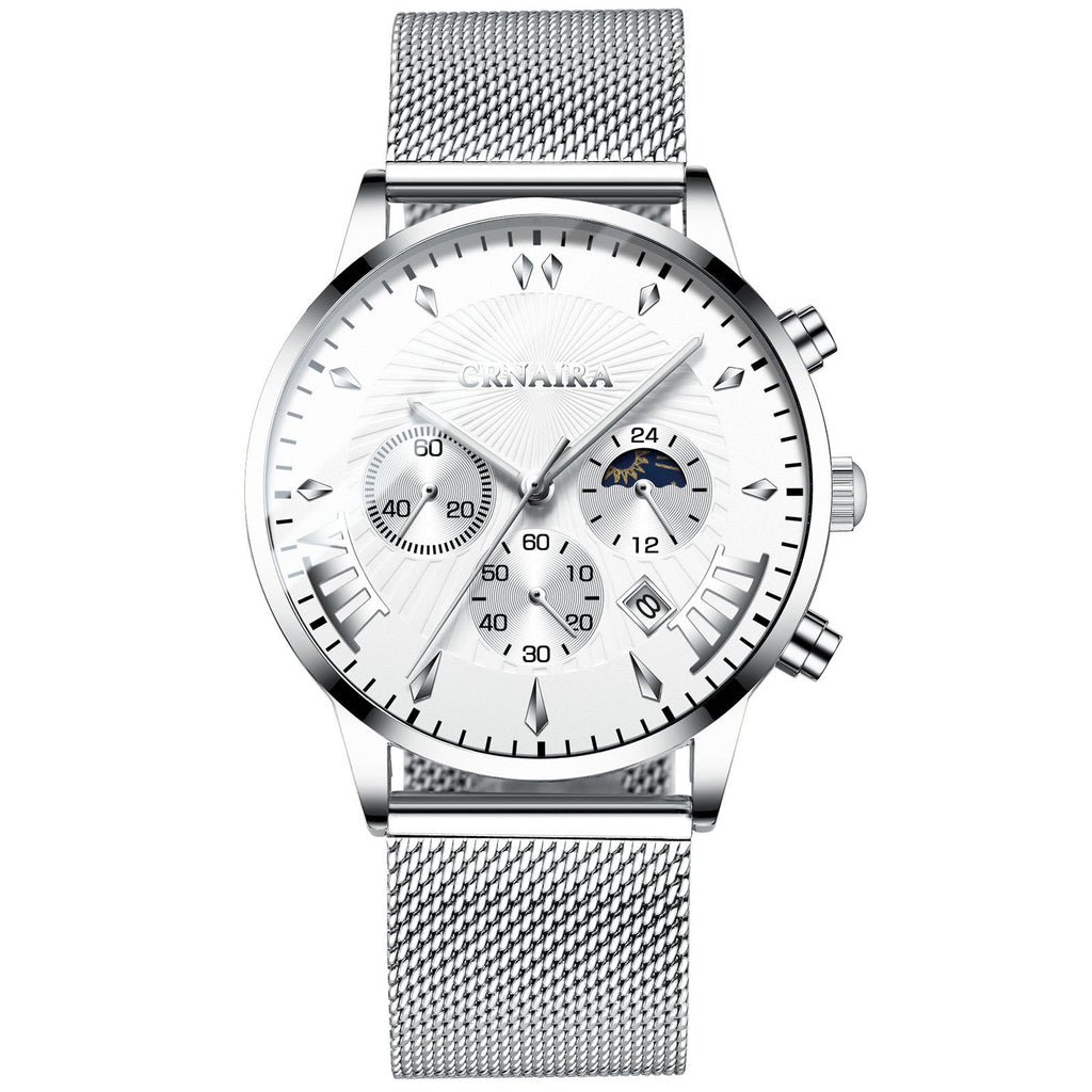 Men's Crnaira Men Watch Stainless Steel Quartz Watches Calendar Luminous Fashion Imitation Three-eye Waterproof Quartz Watch