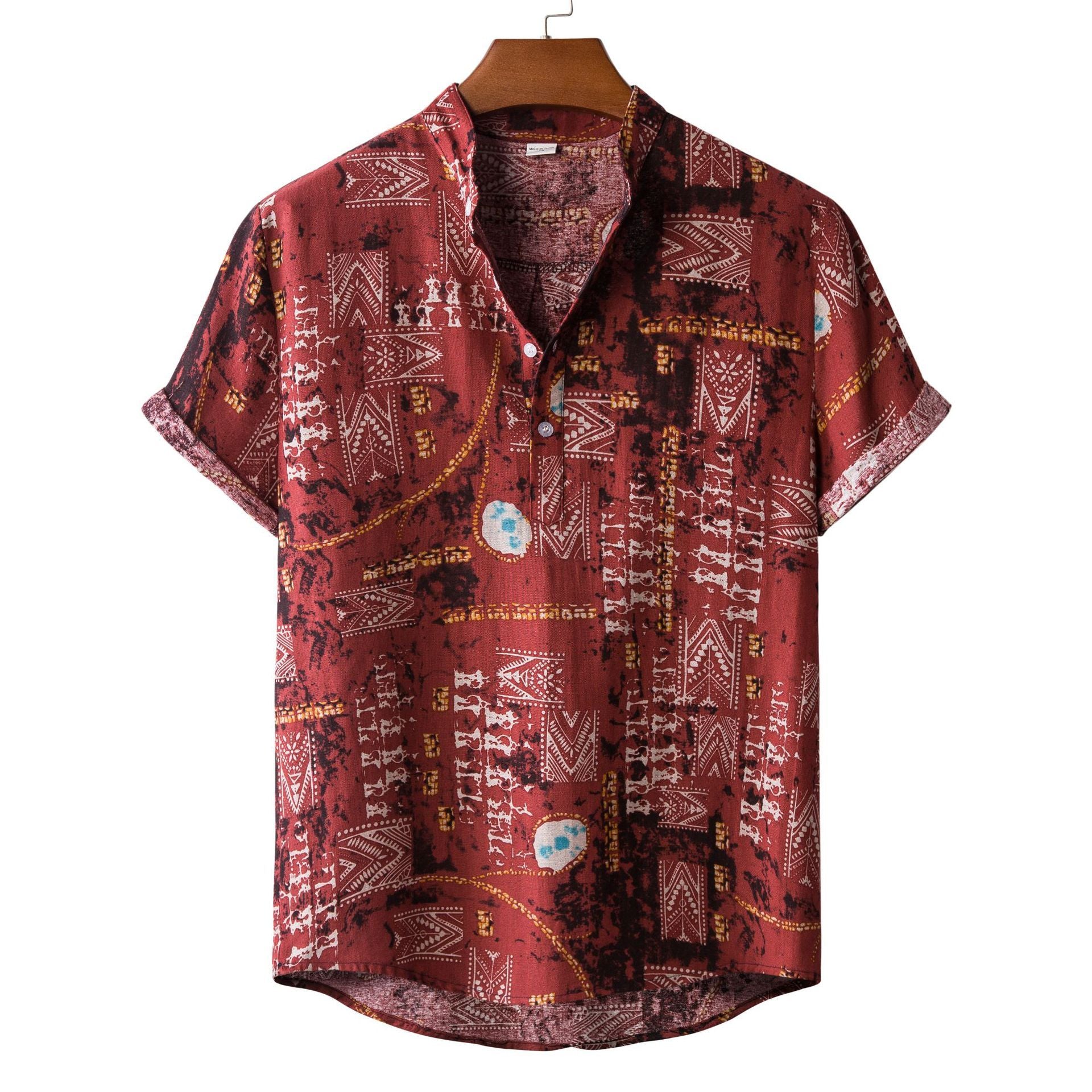 Men's Fashionable Casual Shirt Printed Loose Hawaiian Shirt Stand Collar Cotton Linen Ethnic Printed Men's Shirts