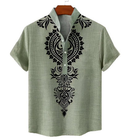 Men's Fashionable Casual Solid Color Linen Fiber Cardigan Shirt Digital 3D Printed Men's Casual Short Sleeve Shirt