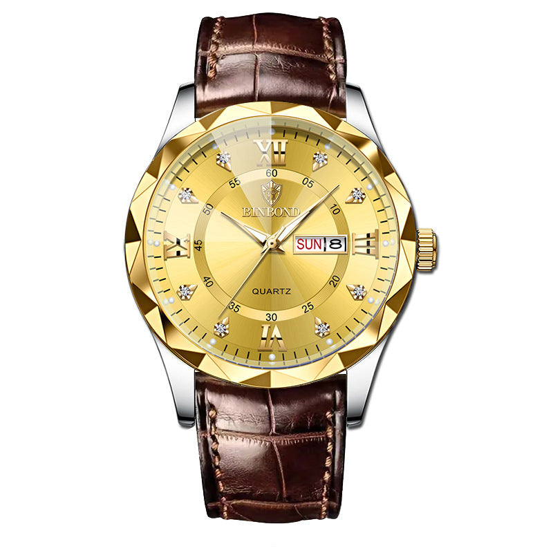 BINBOND Top Brand Luxury Fashion Men's Quartz Watch Waterproof Week Date Watch Men's Sports Watch Stainless Steel Quartz Wristwatch Genuine Leather Men's Waterproof Leisure watch