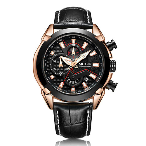 Multifunctioneel horloge voor heren, leren horloge met driedimensionale wijzerplaat en quartzhorloge