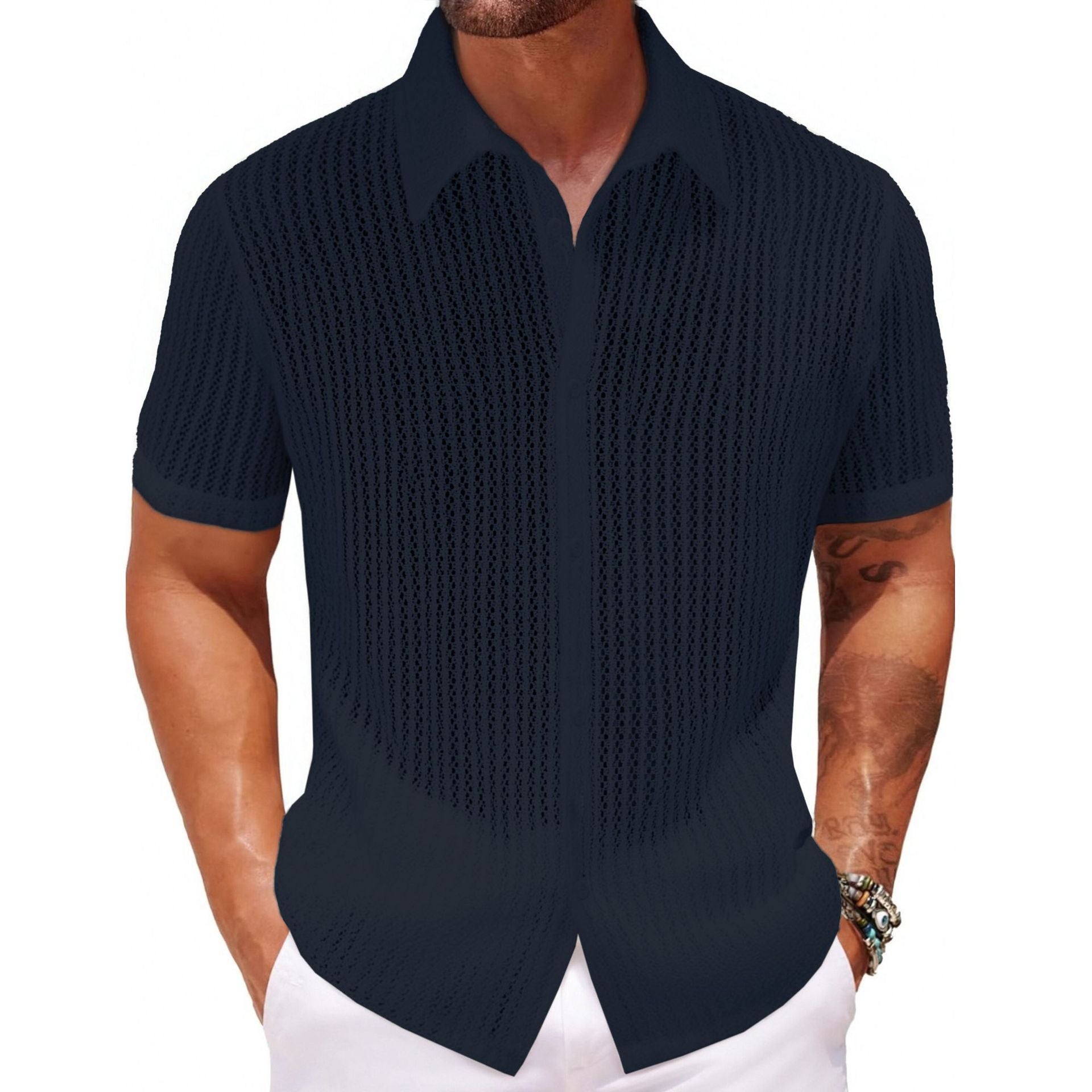 Camicia da uomo casual alla moda a maniche corte in poliestere di alta qualità, vintage, di lusso, con scollo a V, slim fit