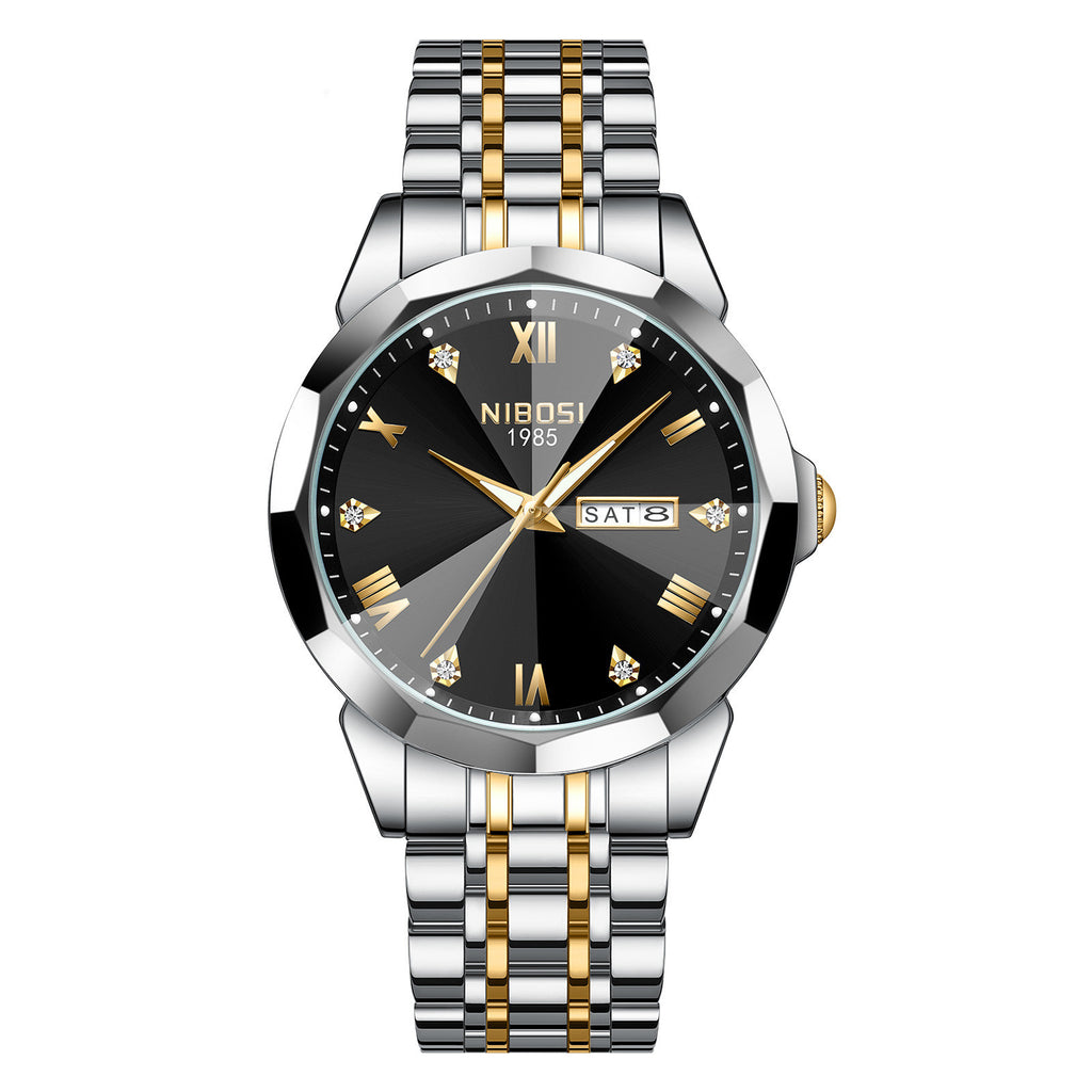 NIBOSI 2623 Orologio di lusso da uomo con specchio a rombo, automatico, data, settimana, impermeabile, orologio da polso luminoso