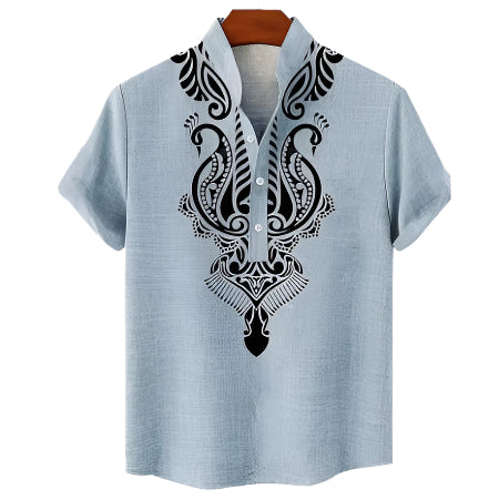 Men's Fashionable Casual Solid Color Linen Fiber Cardigan Shirt Digital 3D Printed Men's Casual Short Sleeve Shirt