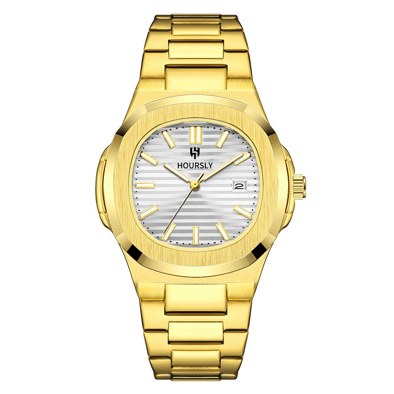 HOURSLY HY1371 Fashion China Man Quartz Watch Exclusive Steel Strap Water Resist Luminous Calendar Casual Men's Watch