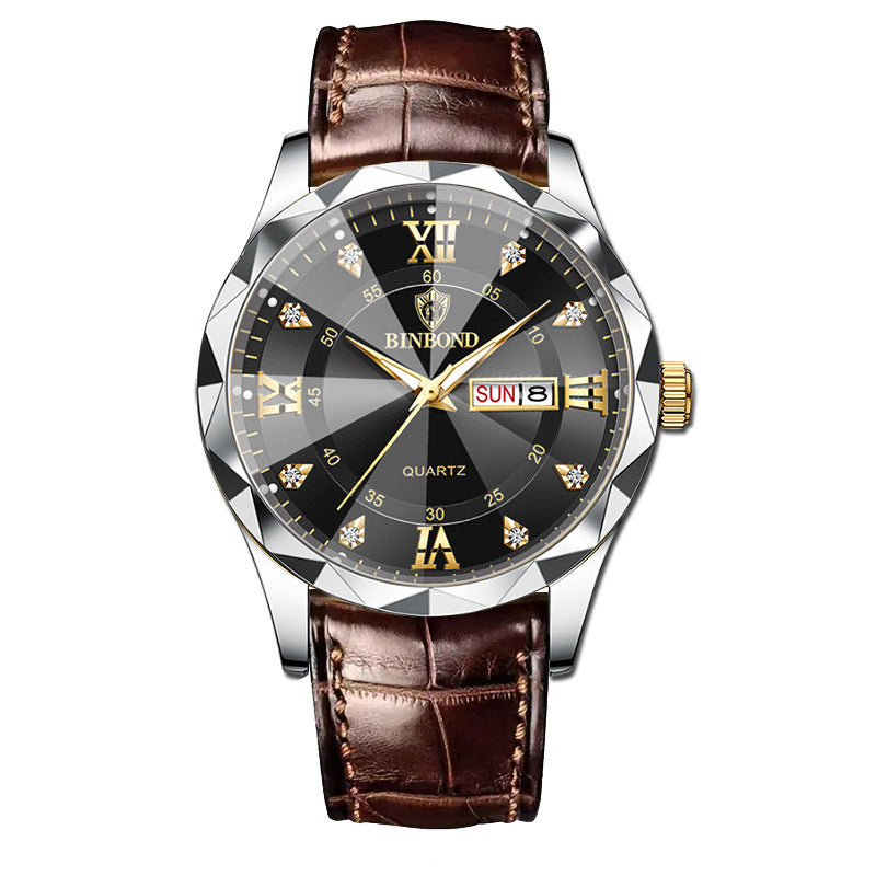 BINBOND Top Brand Luxury Fashion Men's Quartz Watch Waterproof Week Date Watch Men's Sports Watch Stainless Steel Quartz Wristwatch Genuine Leather Men's Waterproof Leisure watch