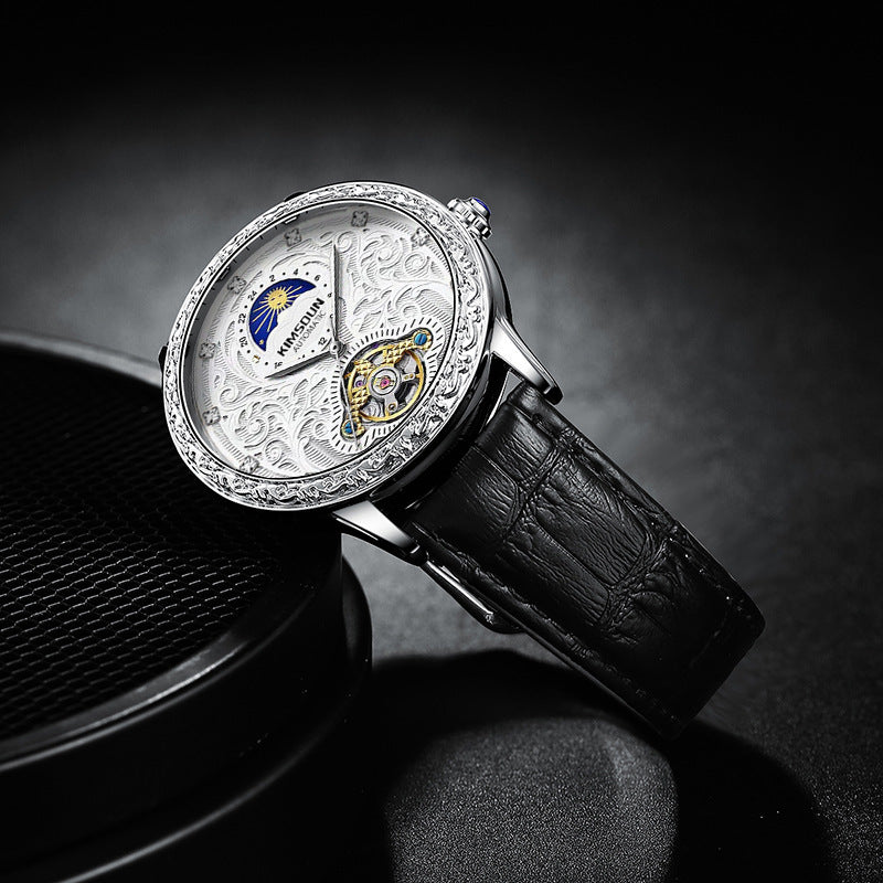 Kimsdun Brand New Men's Watch Carved Moon Phase Quartz Watch High Quality Large Dial Leather Strap Man Wristwatch Tourbillon Mechanical Watch - Acquisti Online