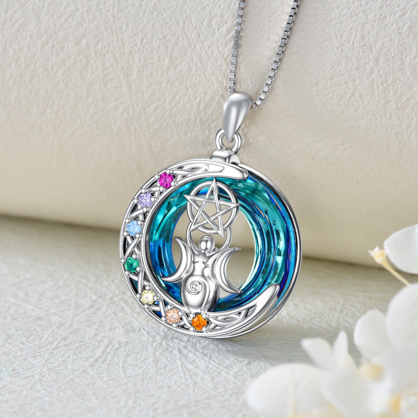 Chakra Drievoudige Maangodin Kristallen Ketting in Witgoud Verguld Sterling Zilver